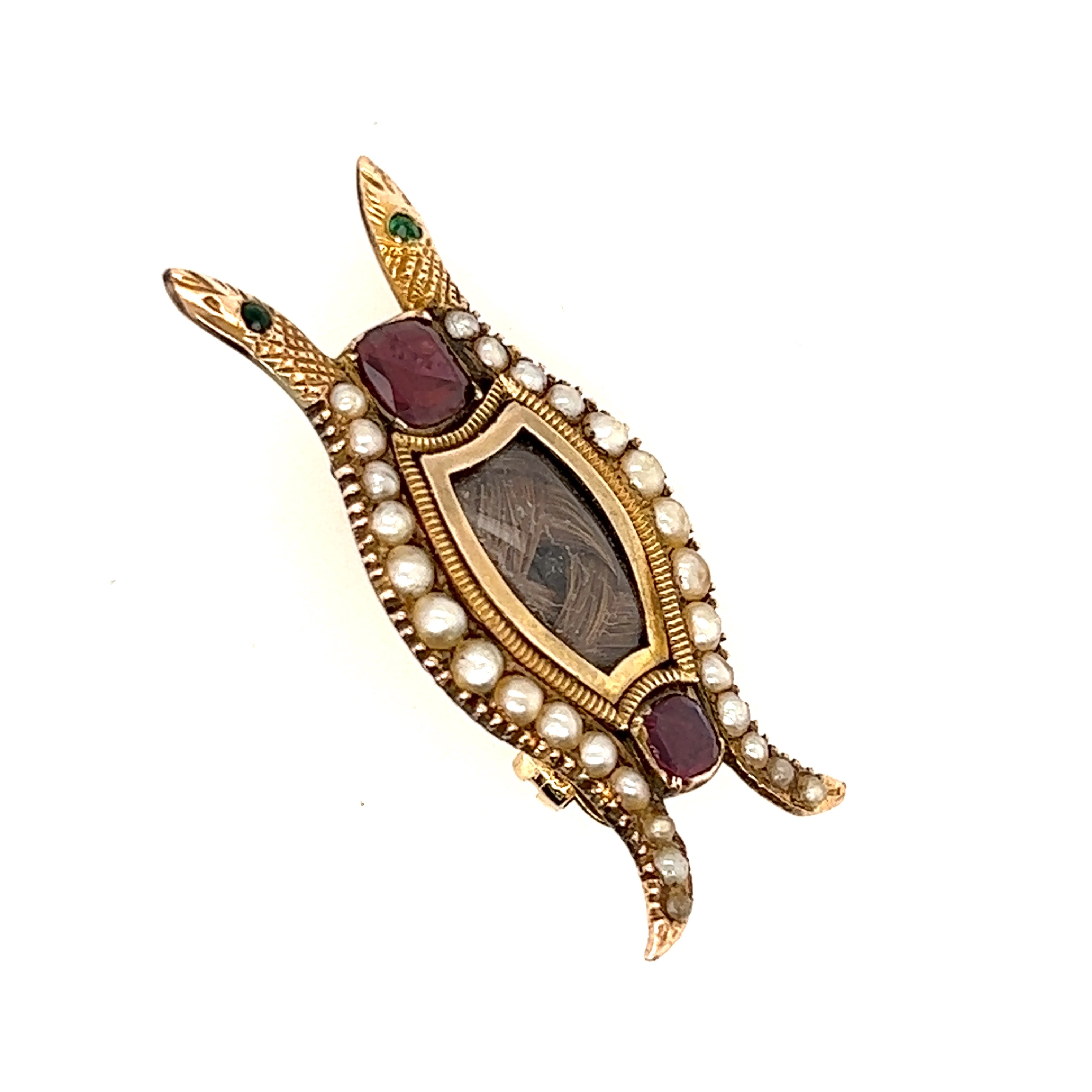 9ct Yellow Gold Serpent Mourning Brooch with Garnet, Emerald & Seed Pearl