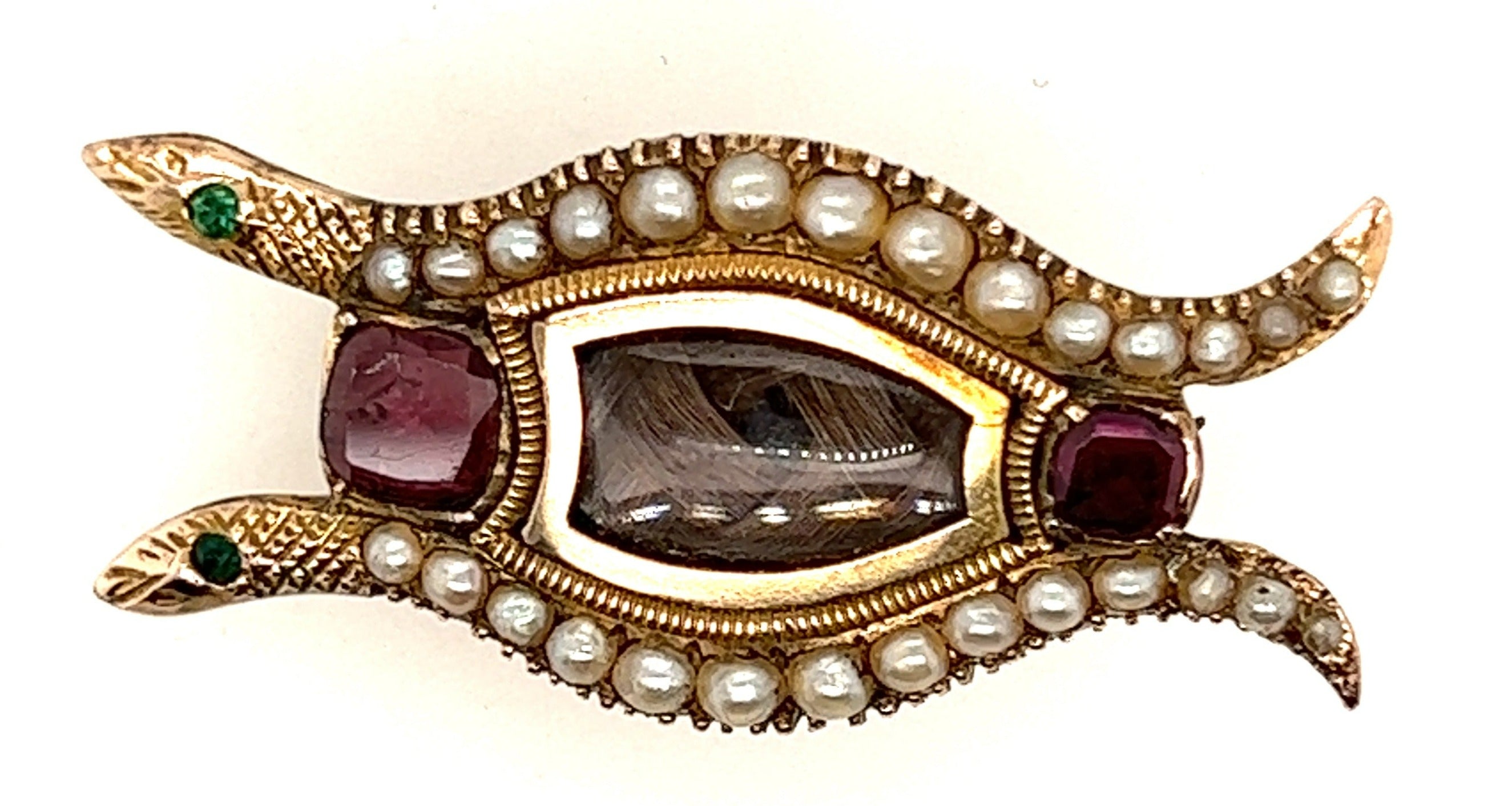 9ct Yellow Gold Serpent Mourning Brooch with Garnet, Emerald & Seed Pearl