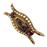 9ct Yellow Gold Serpent Mourning Brooch with Garnet, Emerald & Seed Pearl