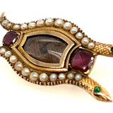 9ct Yellow Gold Serpent Mourning Brooch with Garnet, Emerald & Seed Pearl