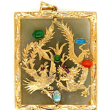 14ct Yellow Gold Jade, Opal, Red Coral, Ruby & Amethyst Handmade Pendant with two Engraved Dragons