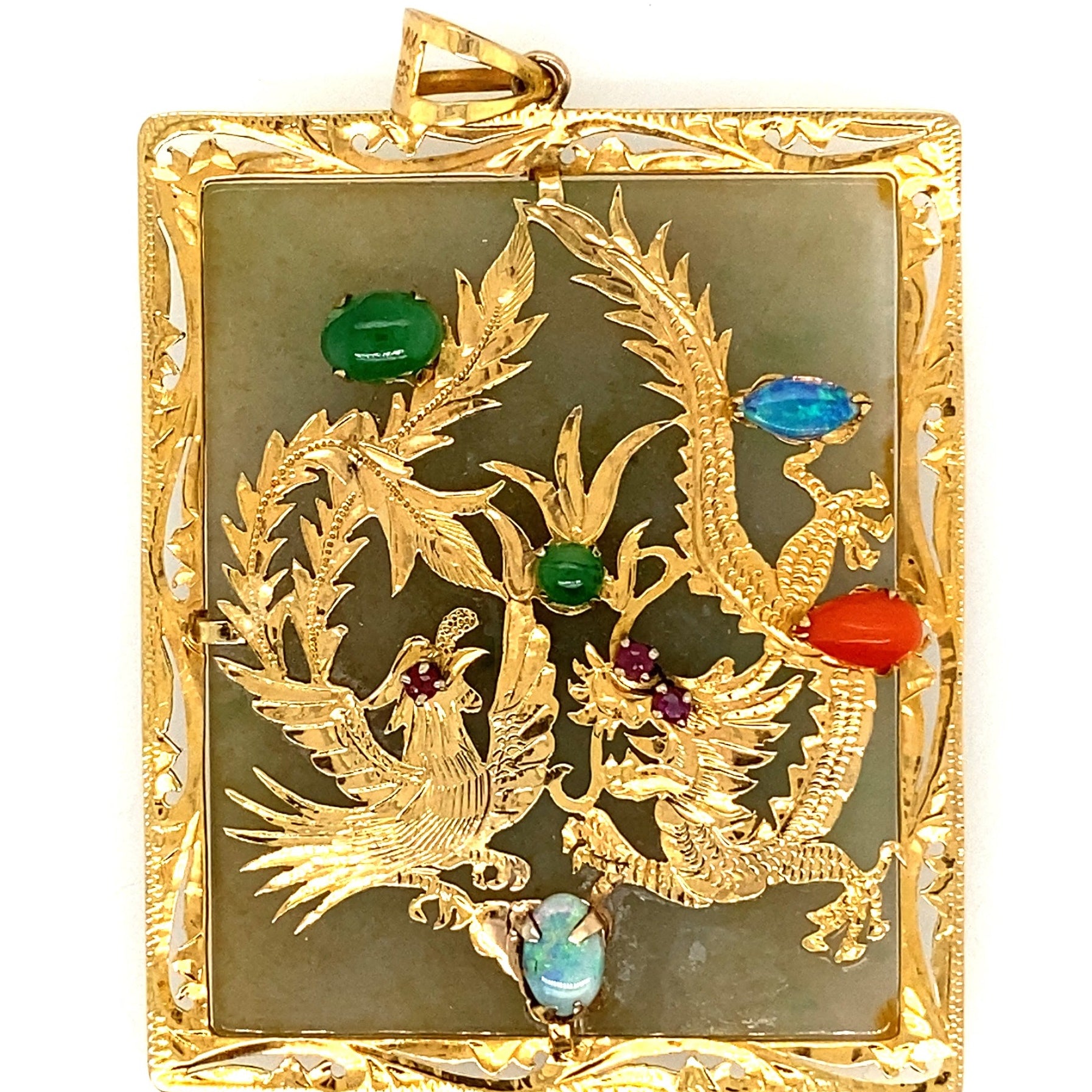 14ct Yellow Gold Jade, Opal, Red Coral, Ruby & Amethyst Handmade Pendant with two Engraved Dragons
