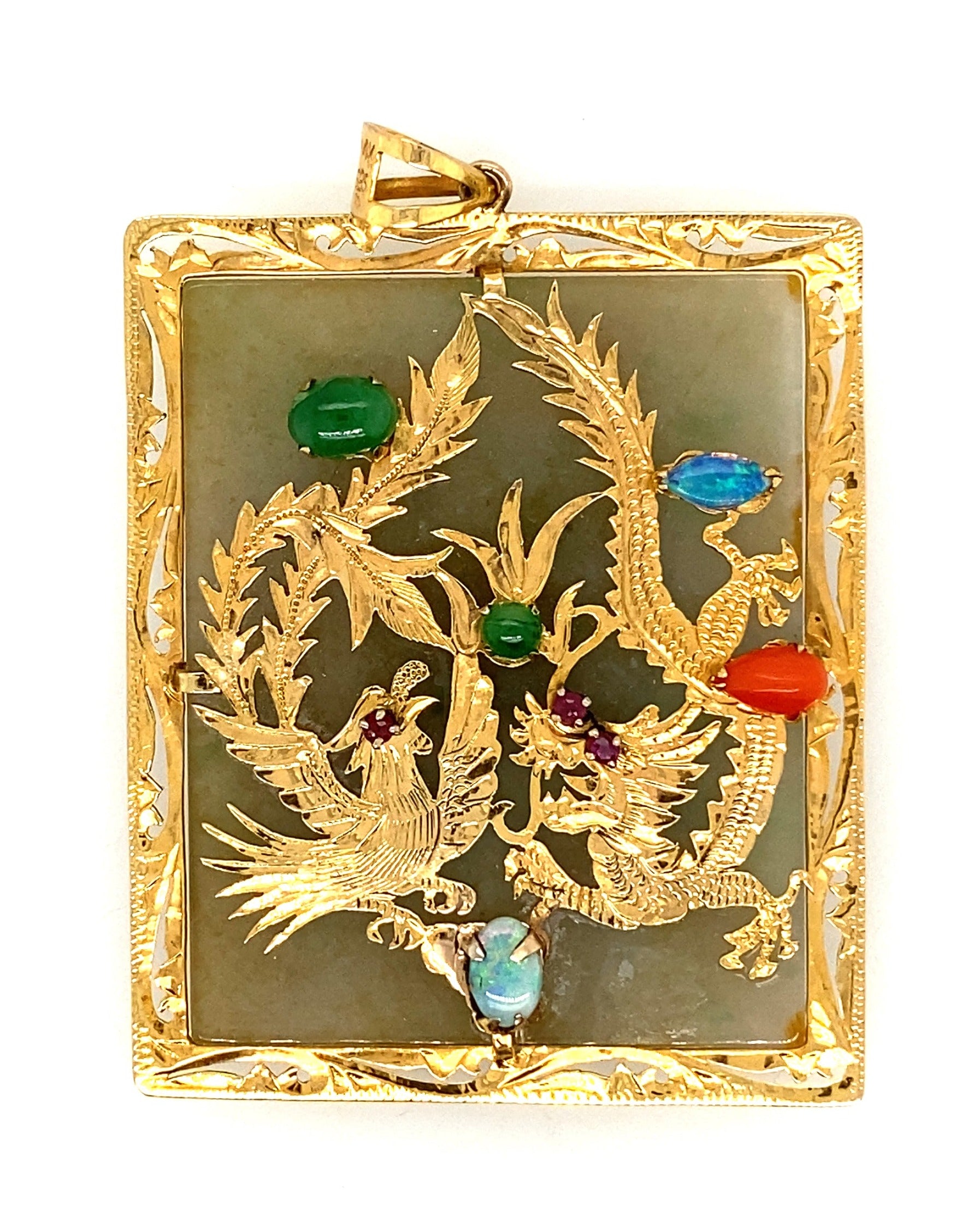 14ct Yellow Gold Jade, Opal, Red Coral, Ruby & Amethyst Handmade Pendant with two Engraved Dragons
