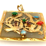 14ct Yellow Gold Jade, Opal, Red Coral, Ruby & Amethyst Handmade Pendant with two Engraved Dragons