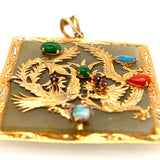 14ct Yellow Gold Jade, Opal, Red Coral, Ruby & Amethyst Handmade Pendant with two Engraved Dragons