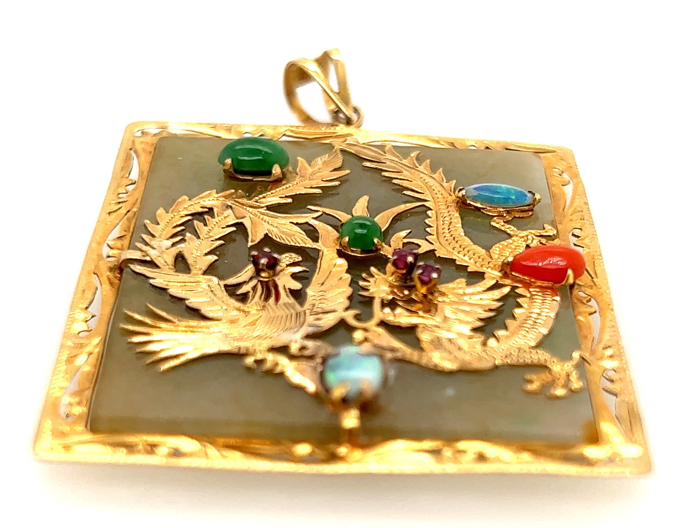 14ct Yellow Gold Jade, Opal, Red Coral, Ruby & Amethyst Handmade Pendant with two Engraved Dragons