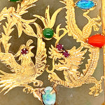 14ct Yellow Gold Jade, Opal, Red Coral, Ruby & Amethyst Handmade Pendant with two Engraved Dragons