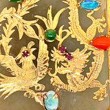 14ct Yellow Gold Jade, Opal, Red Coral, Ruby & Amethyst Handmade Pendant with two Engraved Dragons
