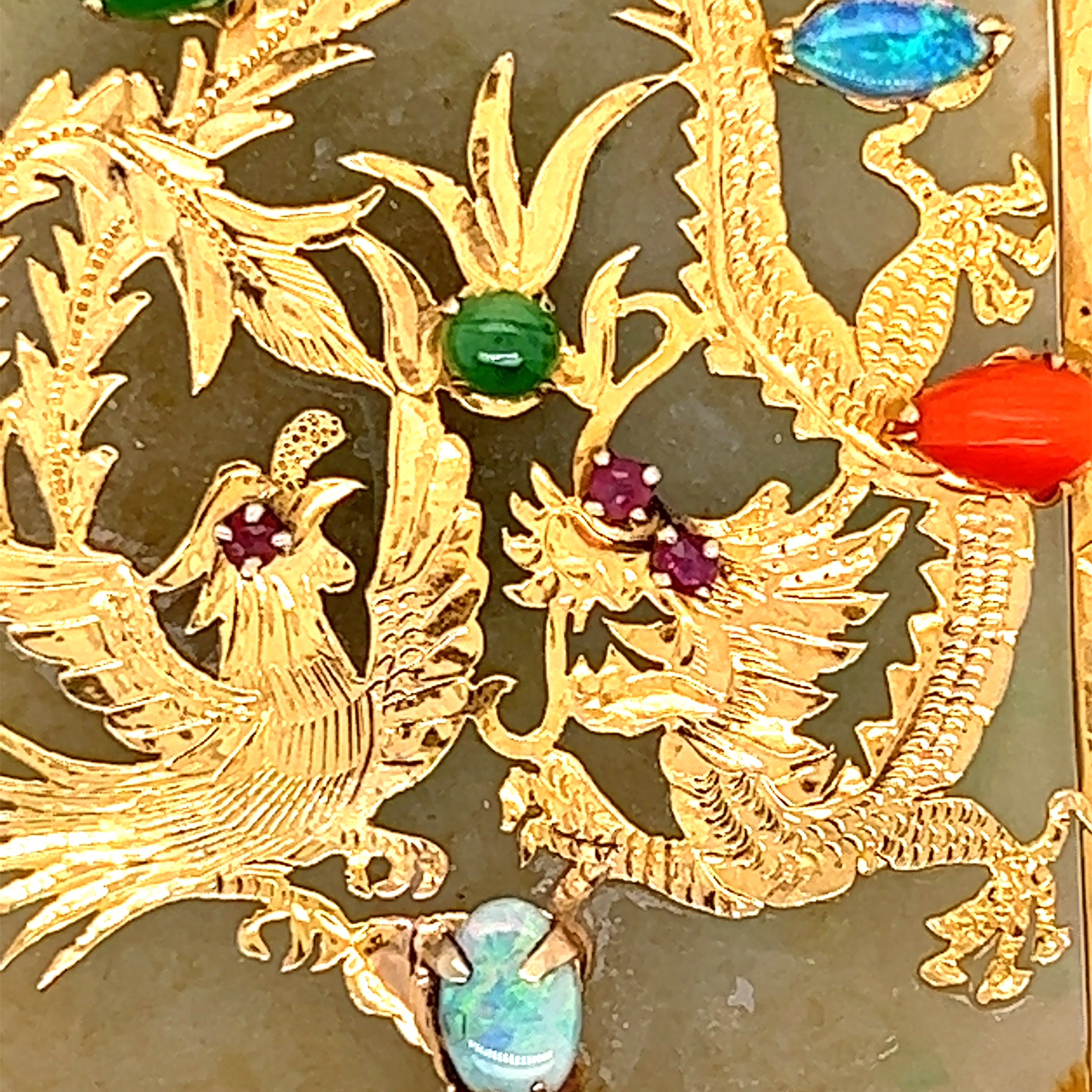 14ct Yellow Gold Jade, Opal, Red Coral, Ruby & Amethyst Handmade Pendant with two Engraved Dragons
