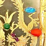 14ct Yellow Gold Jade, Opal, Red Coral, Ruby & Amethyst Handmade Pendant with two Engraved Dragons