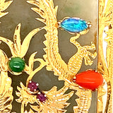 14ct Yellow Gold Jade, Opal, Red Coral, Ruby & Amethyst Handmade Pendant with two Engraved Dragons