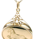 Elegant 14ct Yellow Gold, Mother of Pearl, and Diamond Pendant with Horse Engraving – A Luxurious Piece