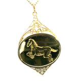 Elegant 14ct Yellow Gold, Mother of Pearl, and Diamond Pendant with Horse Engraving – A Luxurious Piece