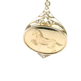Elegant 14ct Yellow Gold, Mother of Pearl, and Diamond Pendant with Horse Engraving – A Luxurious Piece