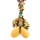 EXQUISITE 14CT & 9CT YELLOW GOLD EMERALD, RUBY, DIAMOND & ACORN SEED NECKLET