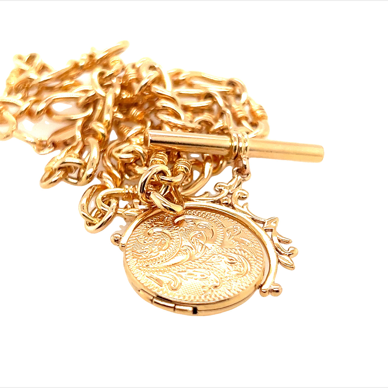 Gold Fancy Link Chain with Fob Bar and Spinner Pendant