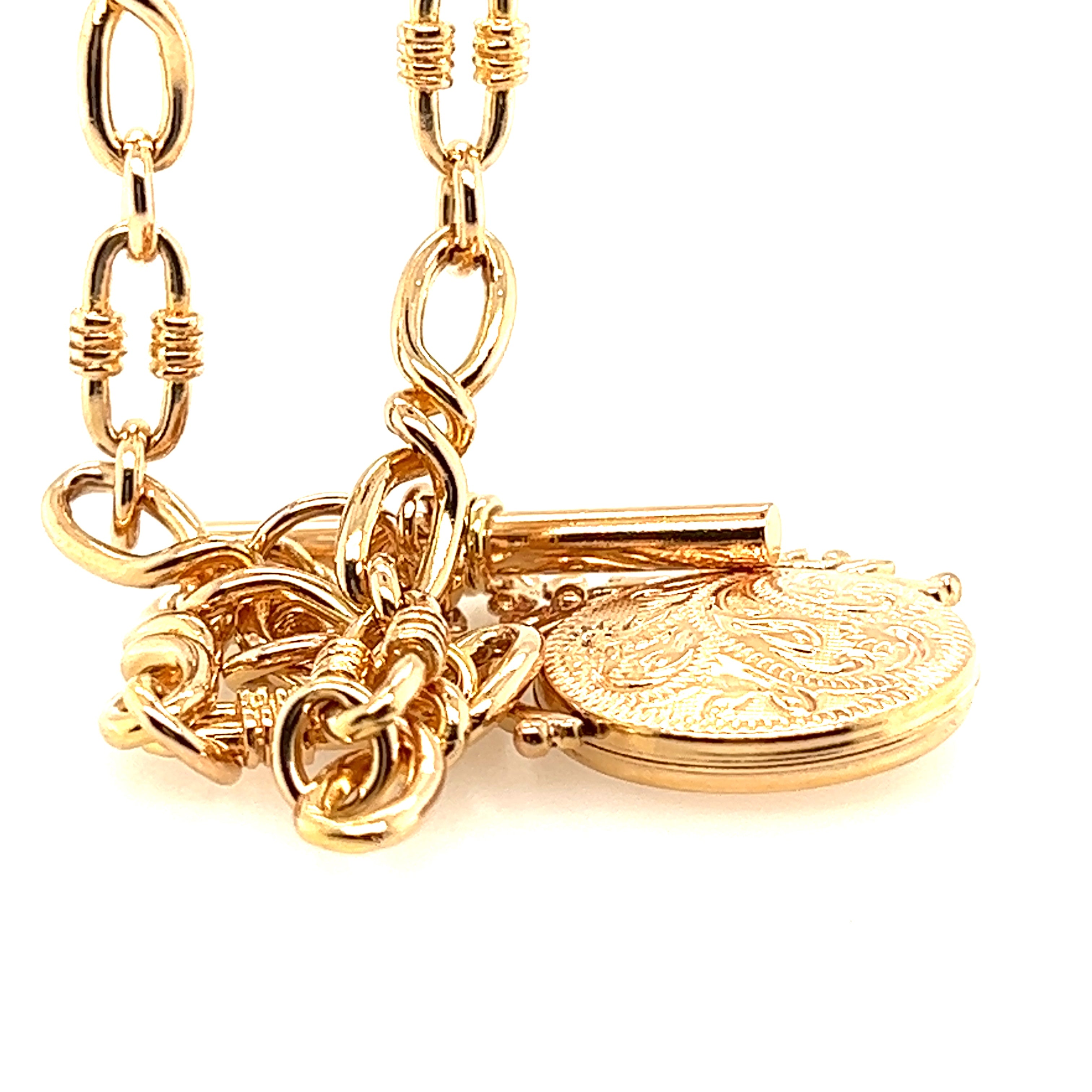 Gold Fancy Link Chain with Fob Bar and Spinner Pendant