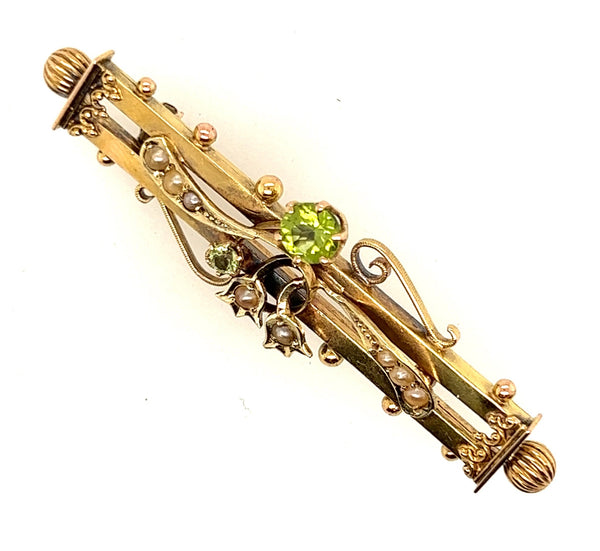 Antique 15ct Yellow Gold Peridot & Pearl Double Bar Brooch