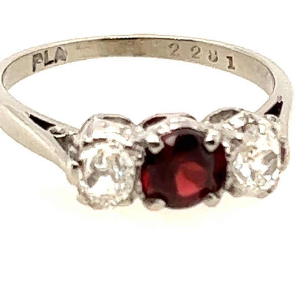 Platinum 3 Stone Garnet & Diamond Handmade Ring