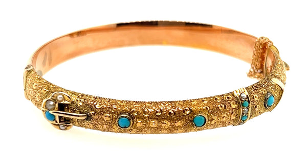 9ct Yellow Gold Turquoise & Seed Pearl Antique Bangle Circa 1900
