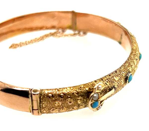9ct Yellow Gold Turquoise & Seed Pearl Antique Bangle Circa 1900