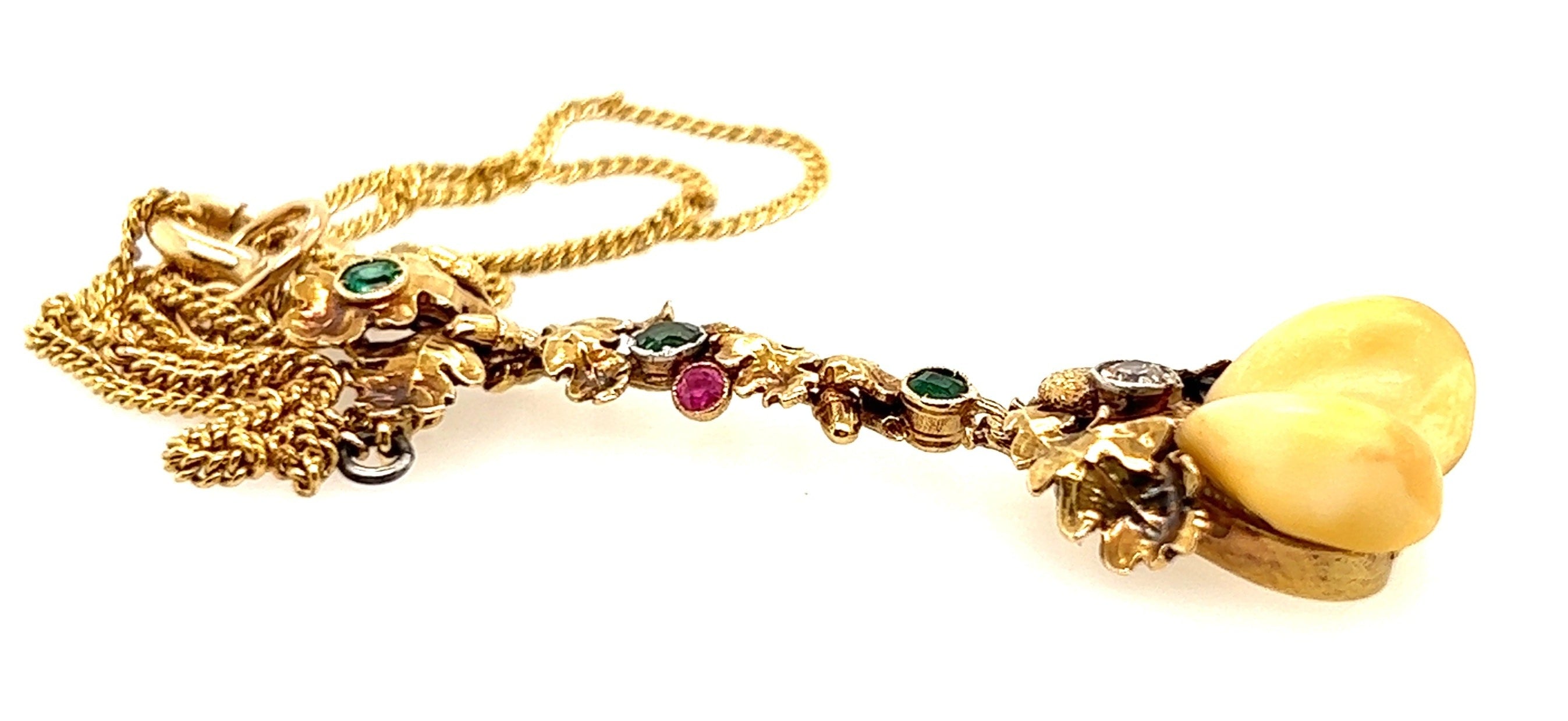 14ct & 9ct Yellow Gold Emerald, Ruby, Diamond & Acorn Seed Vintage Necklet