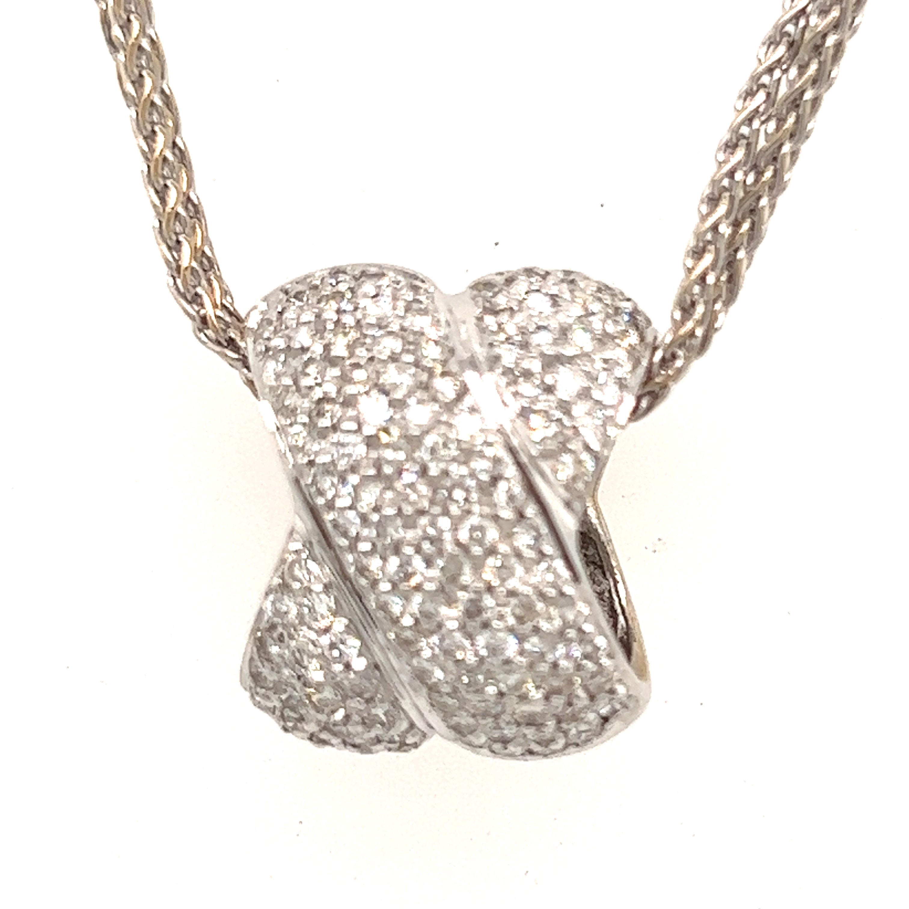 18ct White Gold & Diamond 'X' Shape Pendant with 18ct Three Strand Twist Chain Necklace