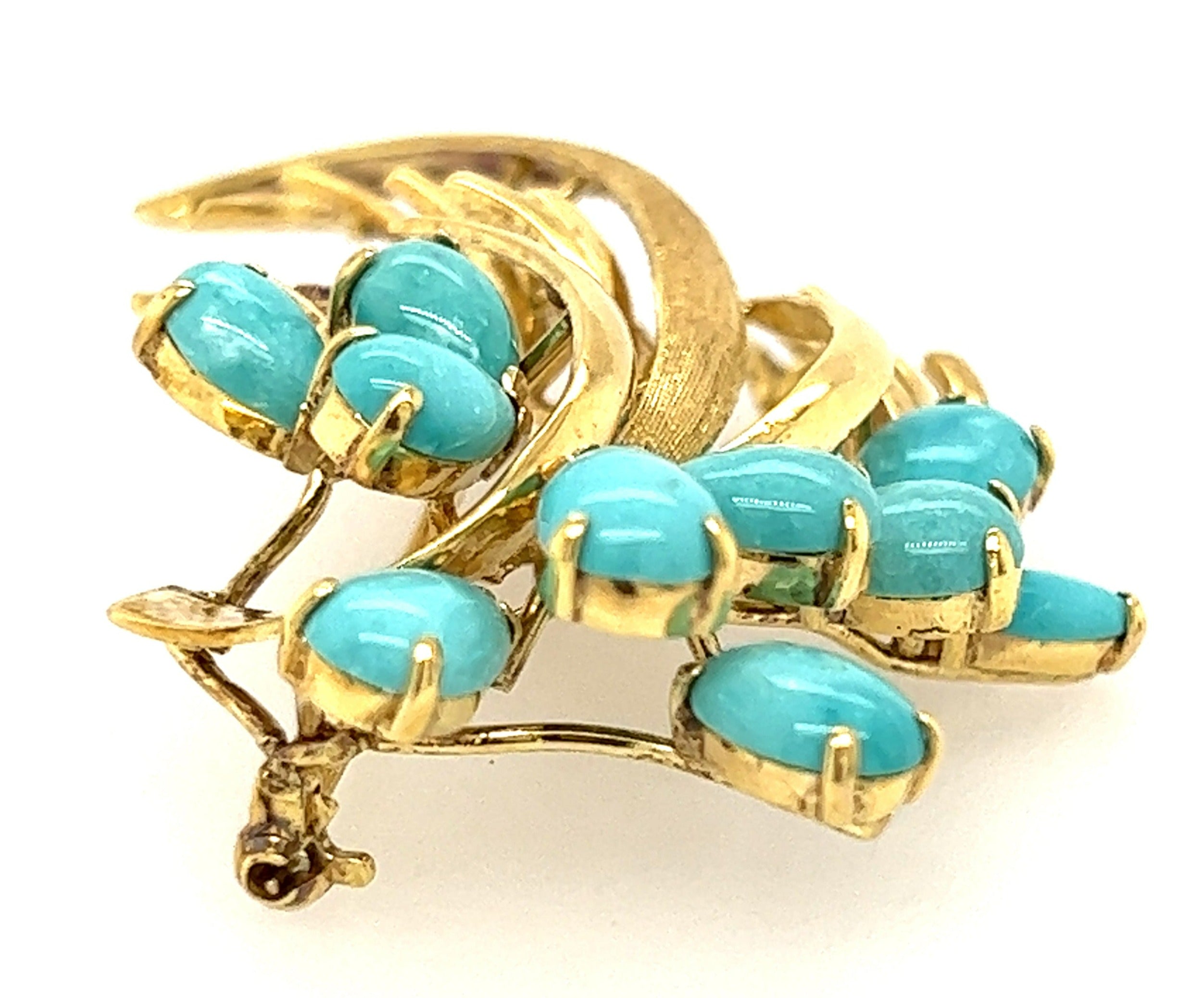 14ct Yellow Gold & Turquoise Spray Style Brooch