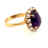 ELEGANT 18CT YELLOW GOLD 15 STONE AMETHYST & CULTURED PEARL CLUSTER RING