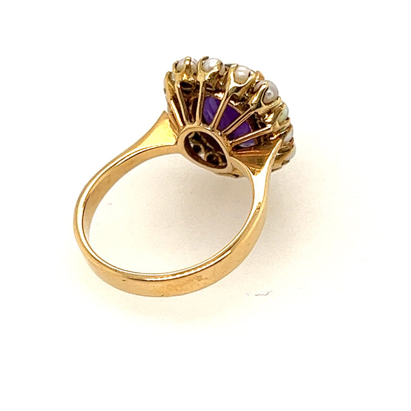 Amethyst & Cultured Pearl Cluster Ring set in 18ct Yellow Gold