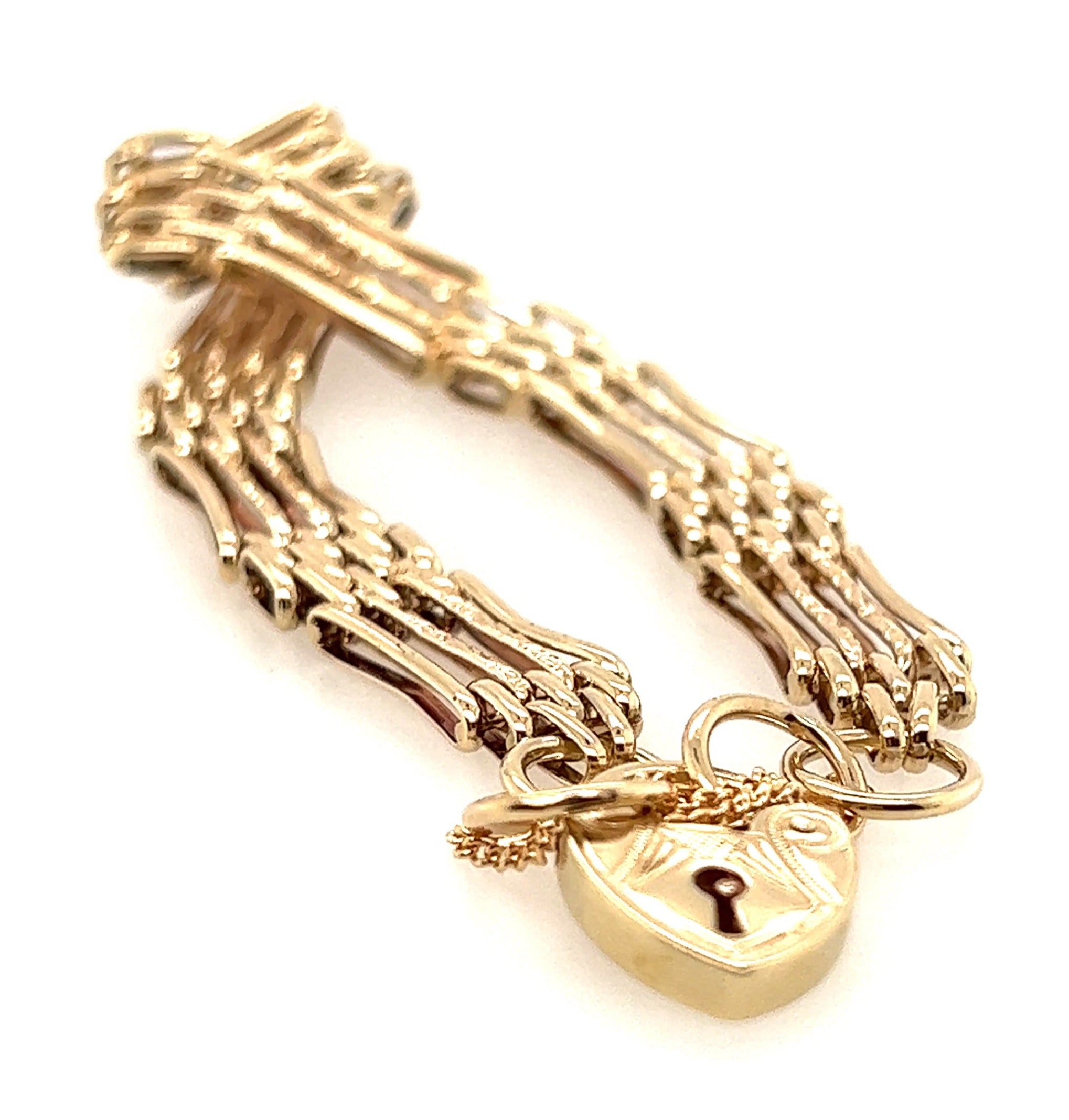 9ct Yellow Gold Gate Bracelet with Engraved Padlock Clasp & Safety Chain