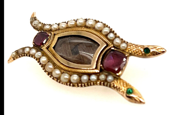 9ct Yellow Gold Serpent Mourning Brooch with Garnet, Emerald & Seed Pearl