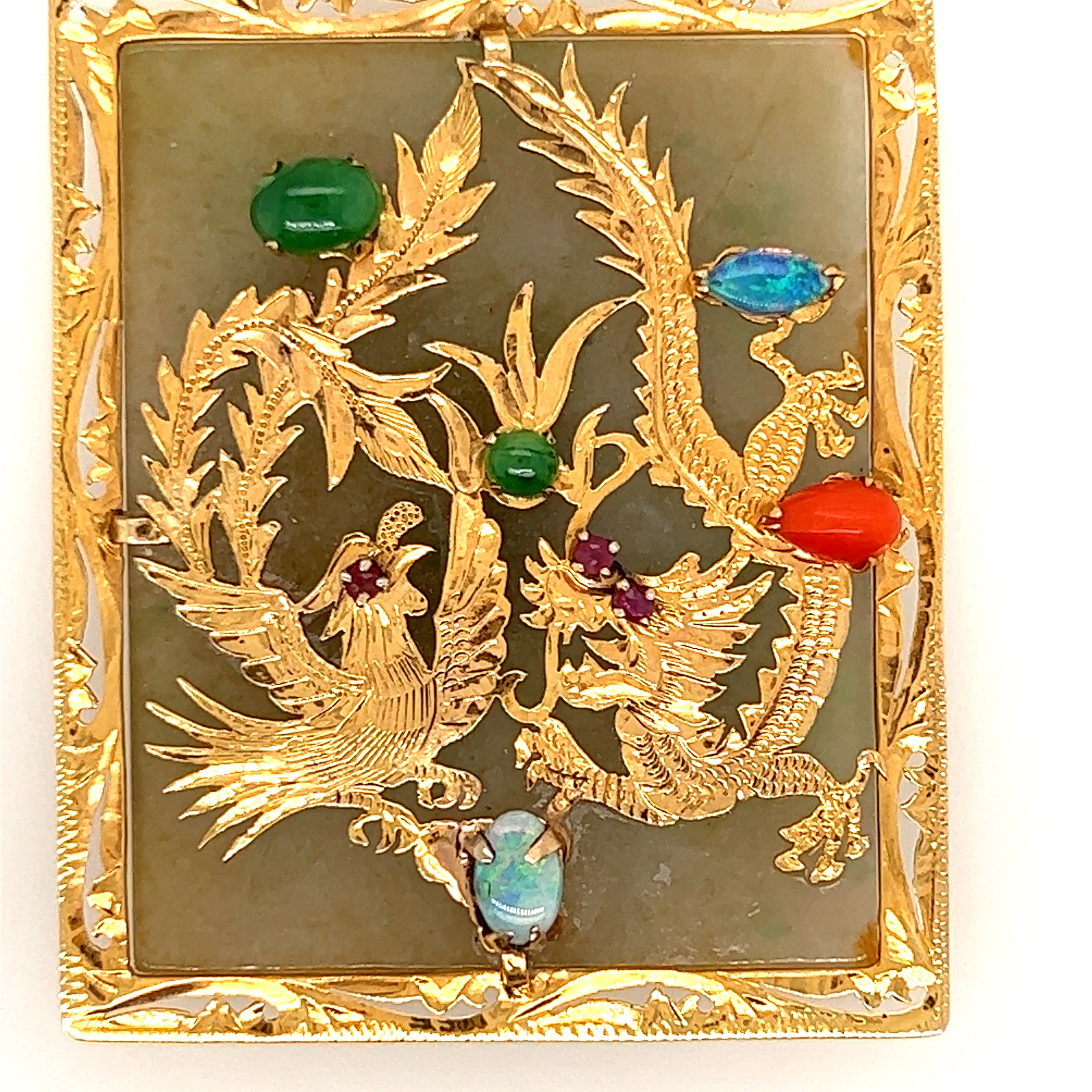 14ct Yellow Gold Jade, Opal, Red Coral, Ruby & Amethyst Handmade Pendant with two Engraved Dragons