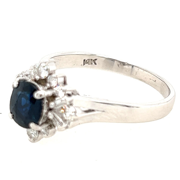 14k white gold blue sapphire & diamond ring. 